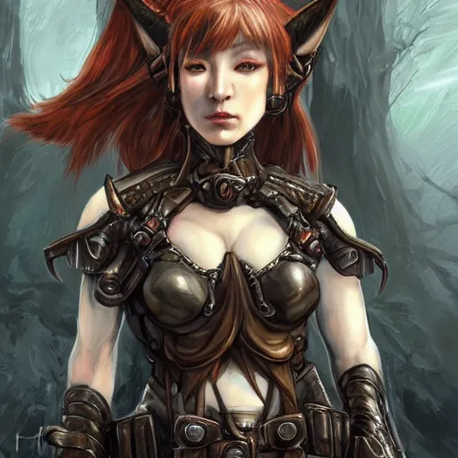 Image similar to portrait of a female elf orc by ayami kojima, she is about 2 0 years old, american pretty, copper hair, annoying but friendly, she is wearing a modern tactical gear, scifi, highly detailed portrait, digital painting, artstation, concept art, smooth, sharp foccus ilustration, artstation hq