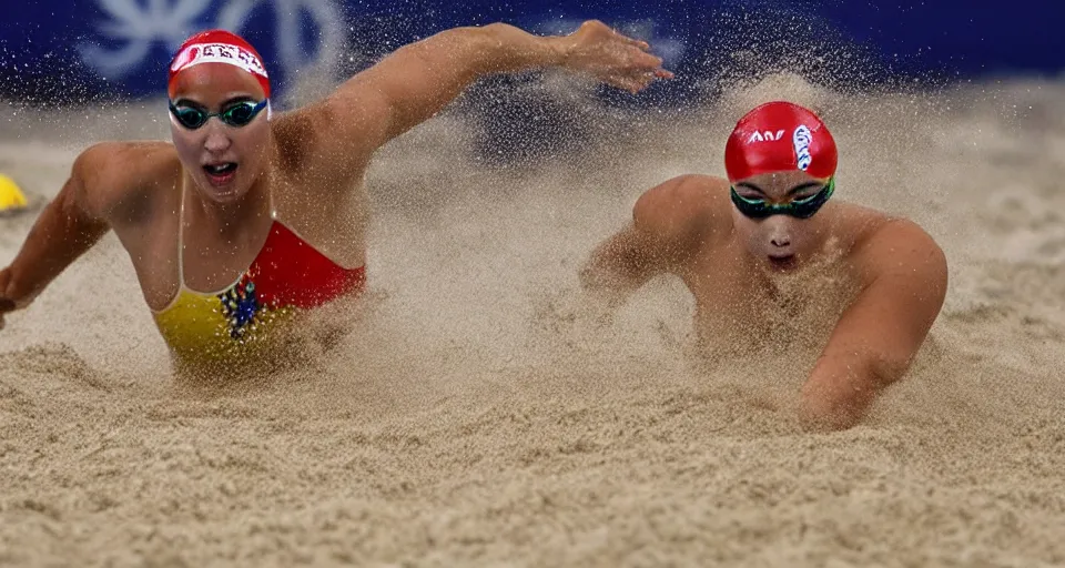 Image similar to olympic swimming in sand instead of water, extremely coherent, motion blur