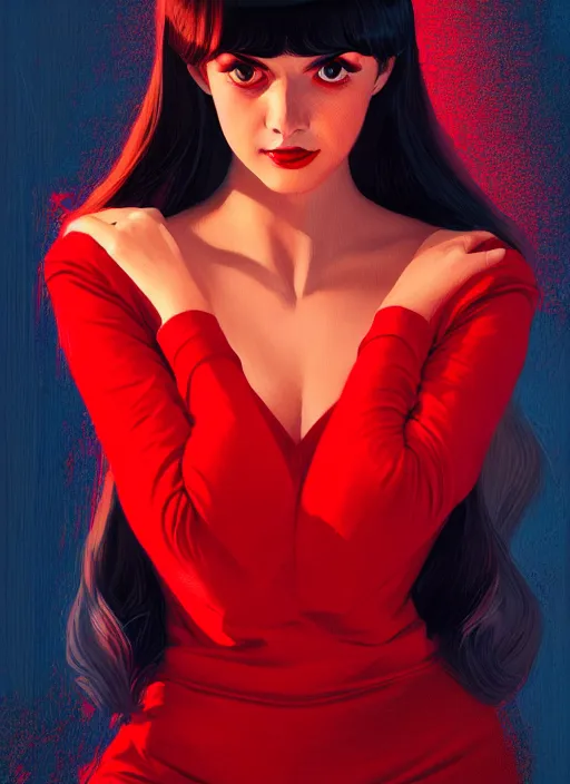 Image similar to portrait of veronica lodge with bangs, 1 9 6 0 s, long hair, red clothes, bangs, intricate, elegant, glowing lights, highly detailed, digital painting, artstation, concept art, smooth, sharp focus, illustration, art by wlop, mars ravelo and greg rutkowski