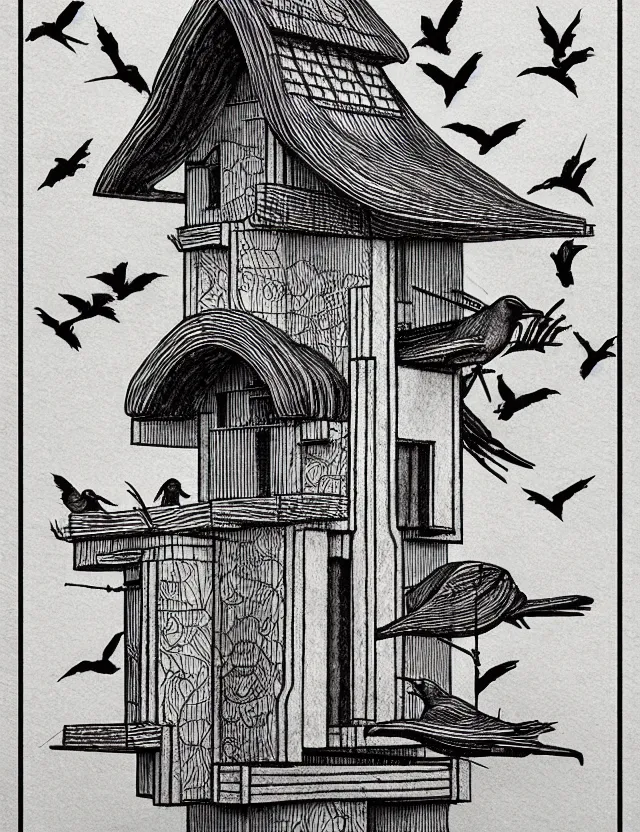 Image similar to detailed illustration of a frank lloyd wright inspired birdhouse, in the style of albrecht durer, with crows, intricate, moody, on paper