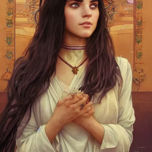 Image similar to A twenty year old Mesopotamian witch in training, in a major Mesopotamian city, highly detailed, digital painting, artstation, concept art, sharp focus, illustration, cinematic lighting, art by artgerm and greg rutkowski and alphonse mucha