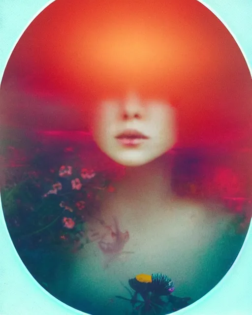 Prompt: a woman's face in the water, flowers, serene emotion, new polaroid, glitched, hazy, red, orange, yellow, soft lighting, jellyfish