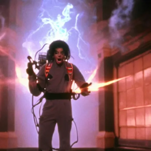 Image similar to stunning awe inspiring michael jackson as a ghostbuster in the movie ghostbusters, movie still 8 k hdr atmospheric lighting