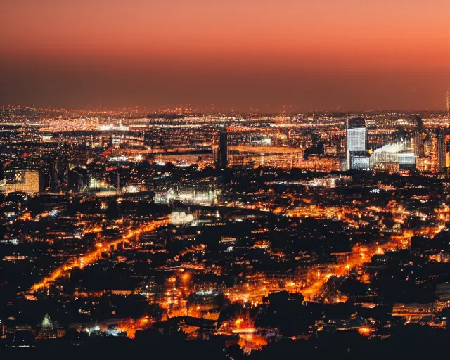 Image similar to a view of a city from a distance at night, a matte painting by konstantinas ciurlionis, featured on unsplash, synchromism, photo taken with nikon d 7 5 0, high dynamic range, nightscape