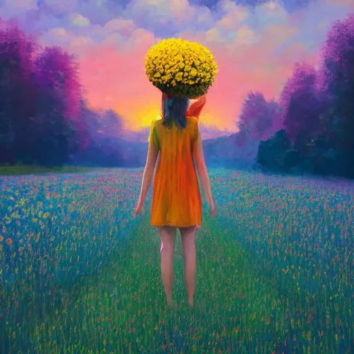 Image similar to girl with giant flower as a face and flower dress, standing in a flower field hills, big trees, sunrise dramatic light, impressionist painting, colorful clouds, digital painting, pointillism, artstation, simon stalenhag