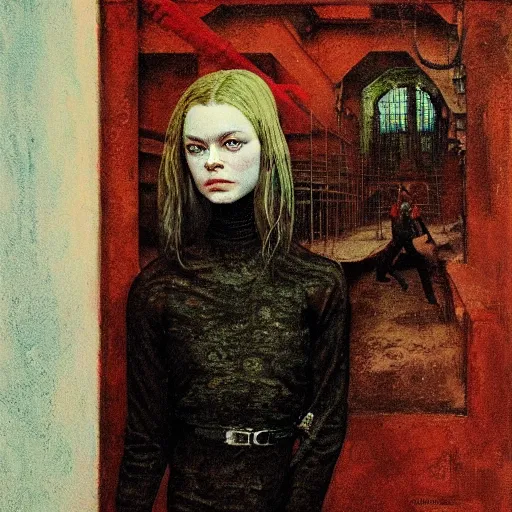 Prompt: realistic detailed image of elle fanning in a soviet prison, by francis bacon, by ayami kojima, amano, karol bak, neo - gothic, gothic, rich deep colors. beksinski painting, from a movie by david cronenberg. art by takato yamamoto. masterpiece. high quality, ultra detailed