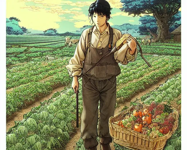 Prompt: A fantasy farmer tending to his crops with a pack animal || VERY VERY ANIME!!!, fine-face, realistic shaded perfect face, fine details. Anime. realistic shaded lighting poster by katsuhiro otomo, ghost-in-the-shell, ayami kojima