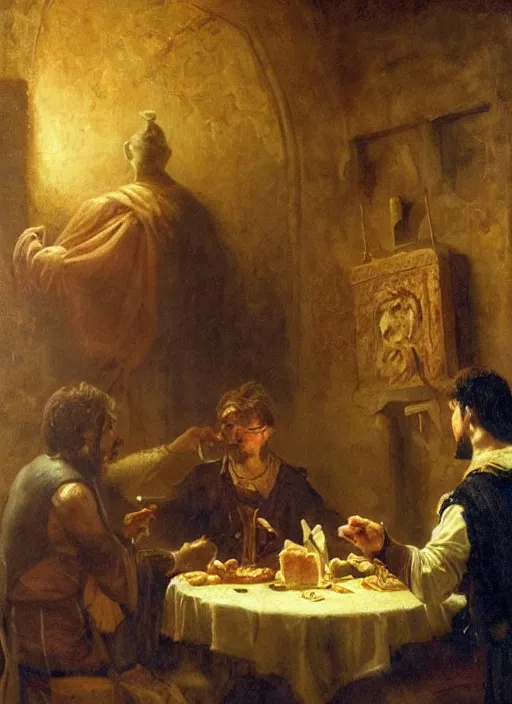 Image similar to young man eating a hamburger in the center of a dark medieval dinning room, surrounded by starving people in front of a giant painting, extremely realistic and highly detailed painting by gaston bussiere, soft light, gold ratio