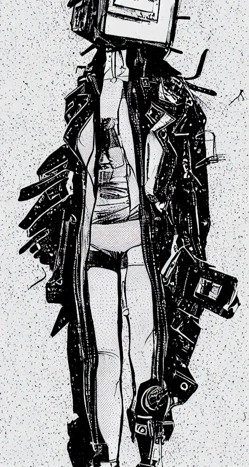 Prompt: cypherpunk fashion illustration, television head, full body, long limbs, abstract portrait, ultra detailed, fine detail