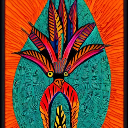 Image similar to a bird rising above the flames, mexican folk art, native american folk art, relief engraving, framed art, intricate abstract, mild expressionism, award winning