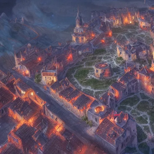 Image similar to a detailed painting of a topdown battlemap from 9 0 degrees angle of a medieval town, special areas marked with transparent red circles, dnd encounter, night, dark fantasy, extremely detailed, no people, photorealistic, octane render, 8 k, unreal engine 5. art by artgerm and greg rutkowski and alphonse mucha