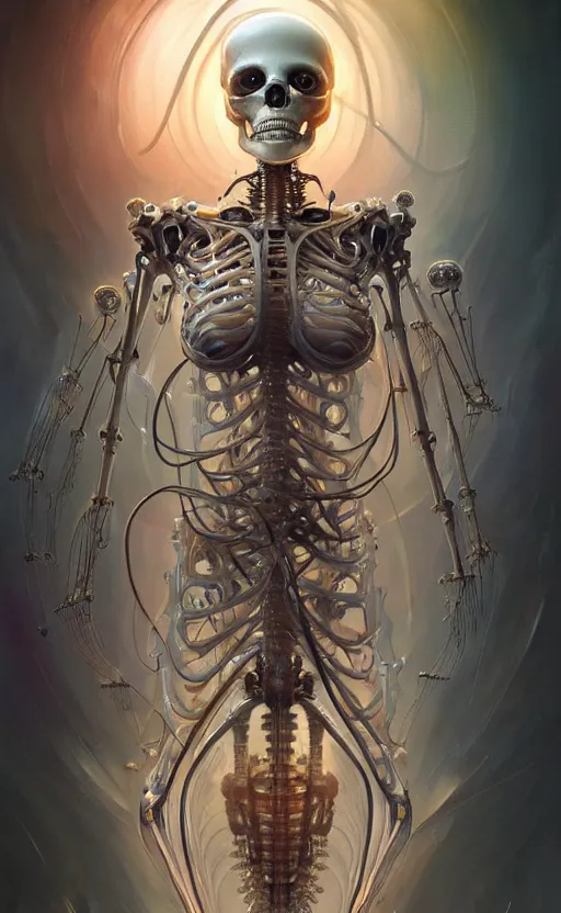 Image similar to Cyborg biomechanical jellyfish skeleton, sci-fi, highly detailed, digital painting, artstation, concept art, smooth, sharp focus, illustration, art by artgerm and greg rutkowski and alphonse mucha