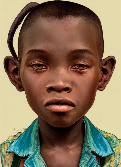 Image similar to colourful upper half portrait of an african boy with proportions in the style of jack davis - art hsiao - ron cheng & alphonse mucha, highly detailed, caricature, digital painting, illustration, smooth, sharp focus, intricate, symmetry, pinterest, behance, artstation