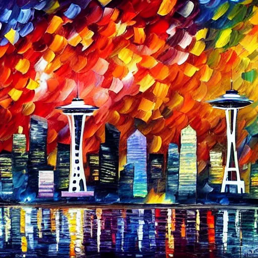 Prompt: cityscape of seattle in the style of leonid afremov