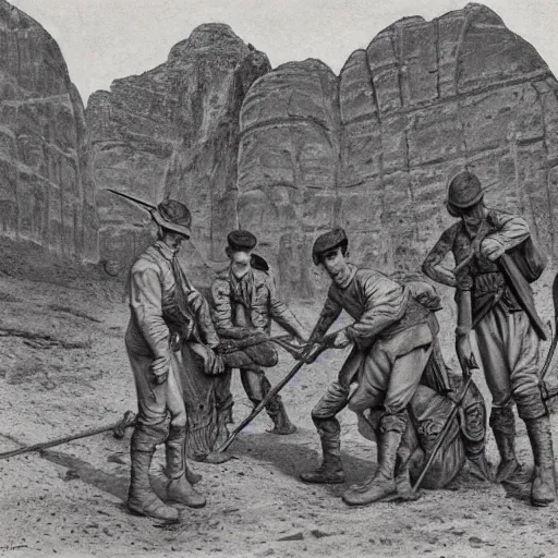 Prompt: ultra detailed photorealistic sepia - toned line drawing from 1 9 1 7, a small group of british soldiers standing at an archaeological dig site in wadi rum, ultra realistic, painted, intricate details, lovecraft, atmospheric, dark, horror, brooding, highly detailed, by clyde caldwell