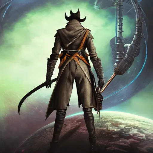 Image similar to a hunter from bloodborne wearing a spacesuit on a space station, retrofuturism, by malcolm smith, concept art by yoshiyuki tomino, behance contest winner, toonami, redshift, official art