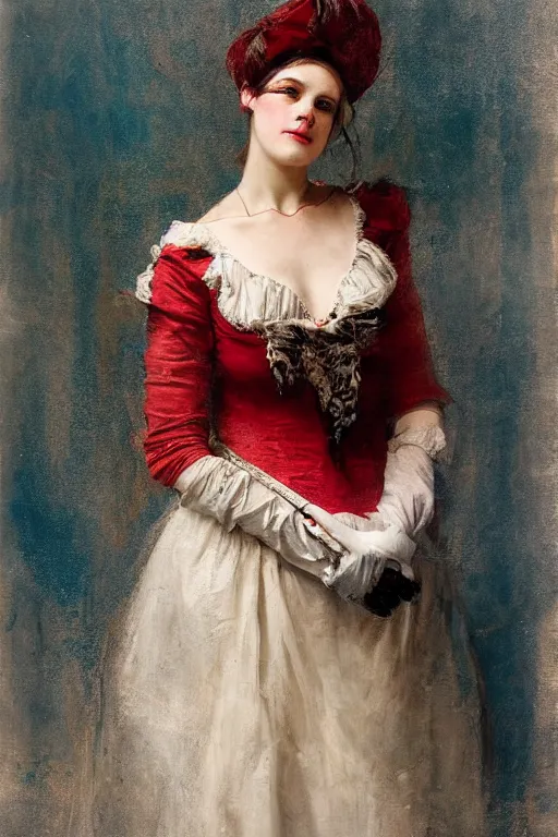 Image similar to Solomon Joseph Solomon and Richard Schmid and Jeremy Lipking victorian genre painting full length portrait painting of a young beautiful woman wearing gloves traditional german french actress model pirate wench in fantasy costume, red background