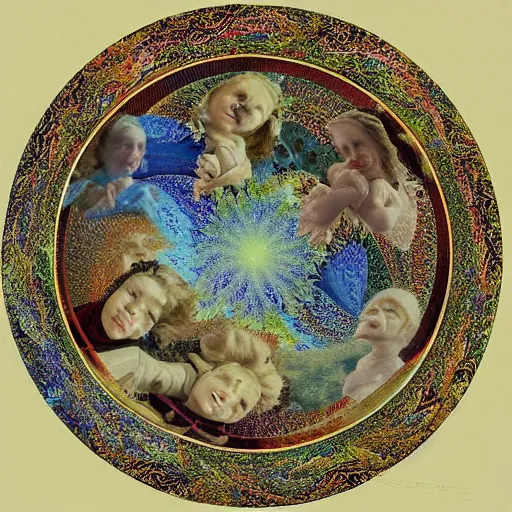 Prompt: fractal of angels in a spiral against the sky in the style of Richard Dadd