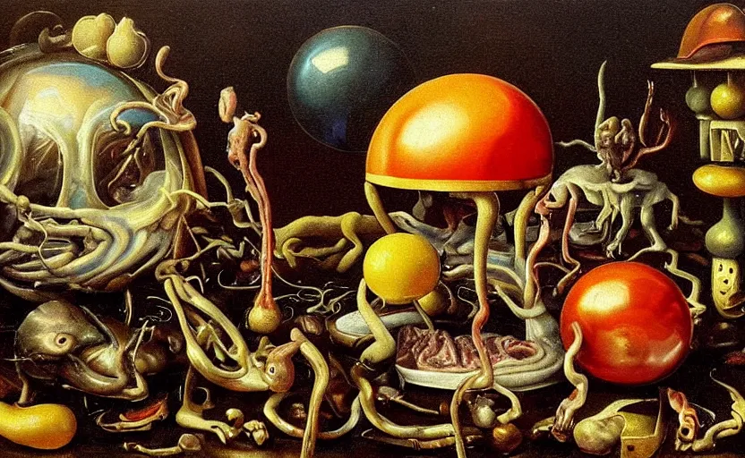 Prompt: strange painting by christian rex van minnen, enticing colorful oil painting dutch golden age vanitas eyes everwhere still life sparse composition with bulbous objects strange transparent surfaces shiny metal reflections bizarre mutant meat insects rachel ruysch dali todd schorr very detailed perfect composition rule of thirds masterpiece canon 5 0 mm, cinematic lighting, photography, retro, film, kodachrome