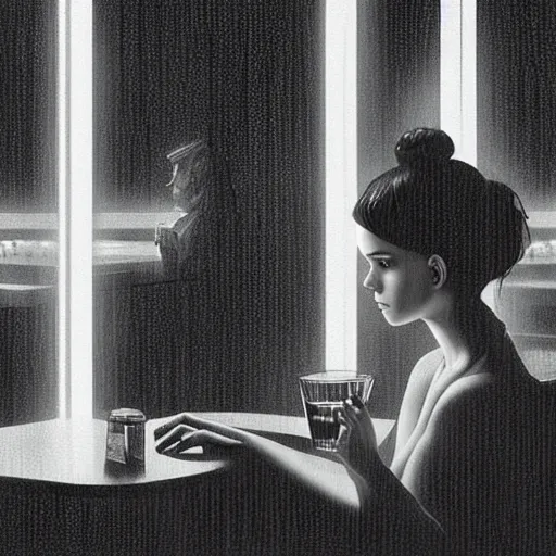 Prompt: silhouette of Elle Fanning drinking whiskey alone in a diner, stormy weather, extremely detailed masterpiece, oil on canvas, low-key neon lighting, artstation, Blade Runner 2049, Roger Deakin’s cinematography, by J. C. Leyendecker and Peter Paul Rubens,