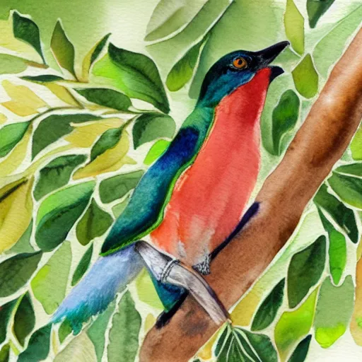 Prompt: A realistic watercolour painting of a Trogon in a wild avocado tree, watercolour, splattering