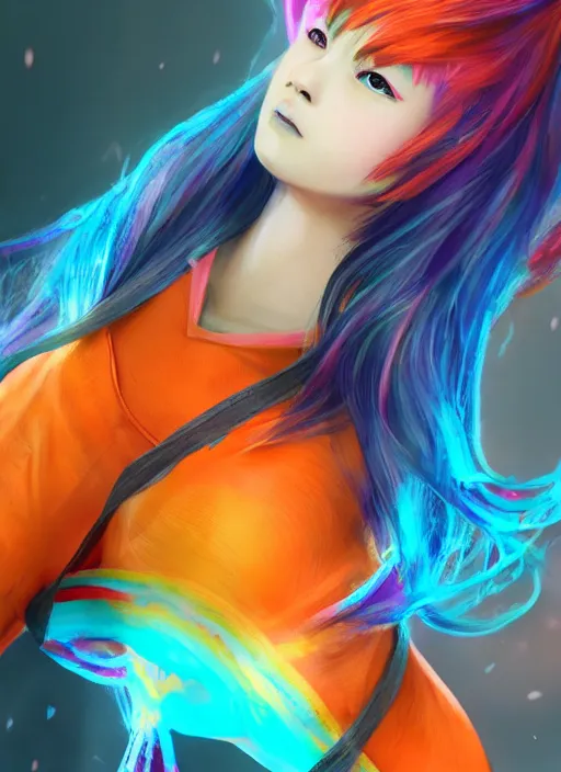 Prompt: teenage rainbow hair asian girl wearing an orange superhero costume, anime digital art, au naturel, hyper detailed, digital art, trending in artstation, cinematic lighting, studio quality, smooth render, unreal engine 5 rendered, octane rendered, art style by klimt and nixeu and ian sprigger and wlop and krenz cushart