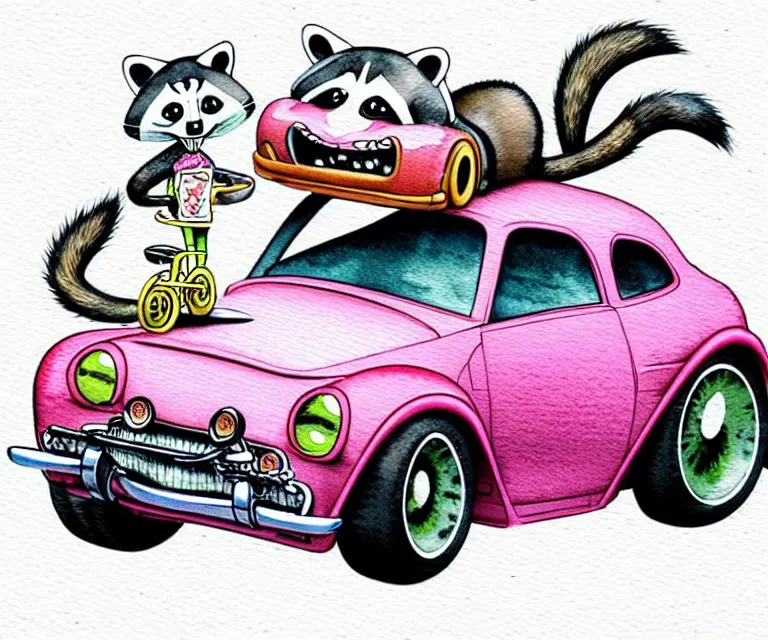 Image similar to cute and funny, racoon riding in a tiny hot rod coupe with oversized engine, ratfink style by ed roth, centered award winning watercolor pen illustration, isometric illustration by chihiro iwasaki, edited by range murata