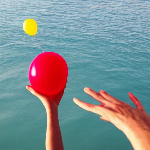 Image similar to a human hand with five fingers holding a yellow balloon sticking out of the ocean with a red sky in the background by chris bilheimer