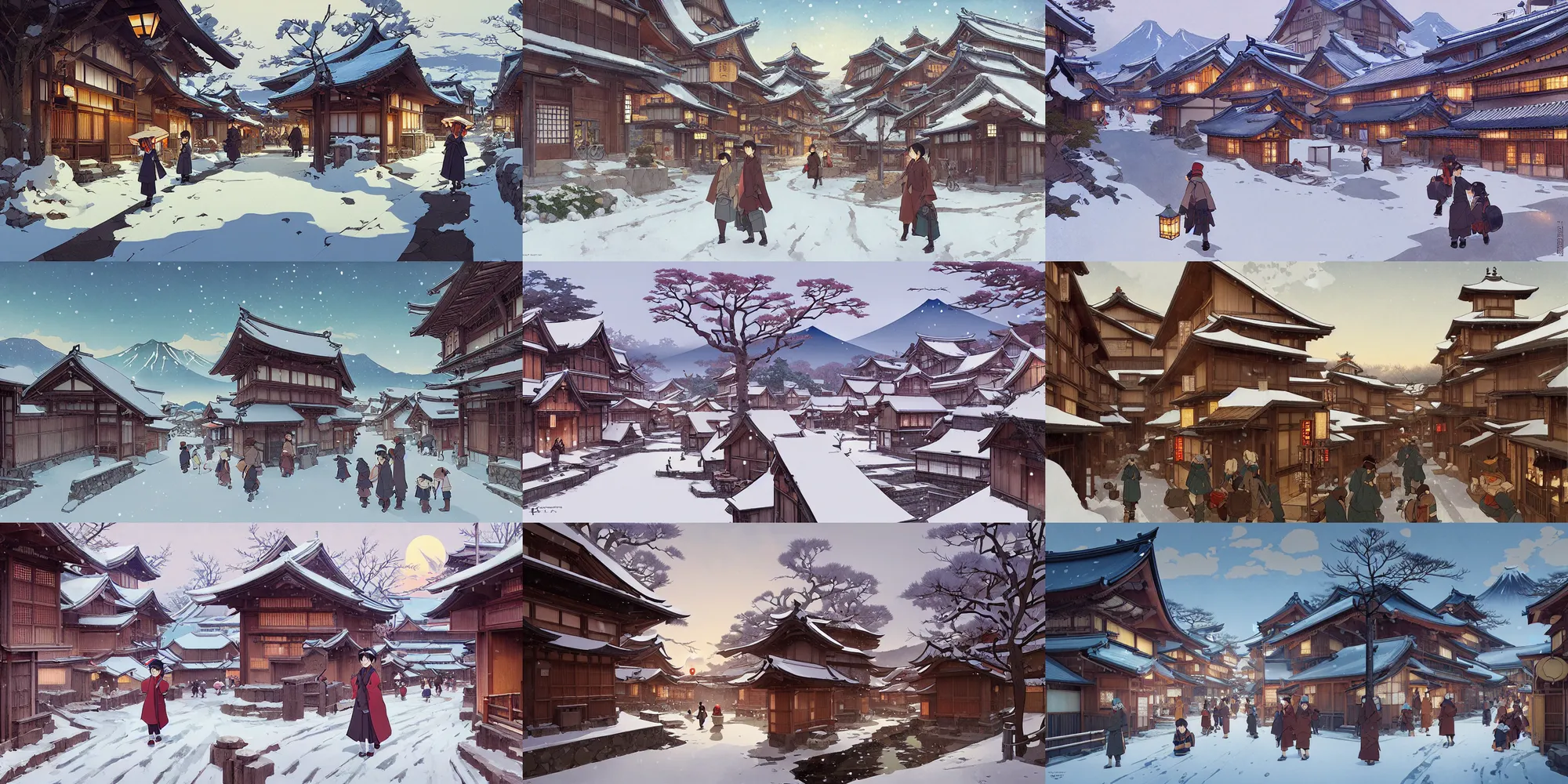 Prompt: japanese rural town, winter, in the style of studio ghibli, j. c. leyendecker, greg rutkowski, artem