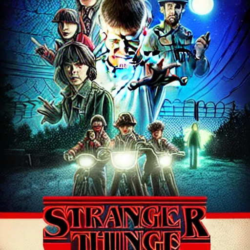 Image similar to stranger things poster style, low poly, anime style, dark lines