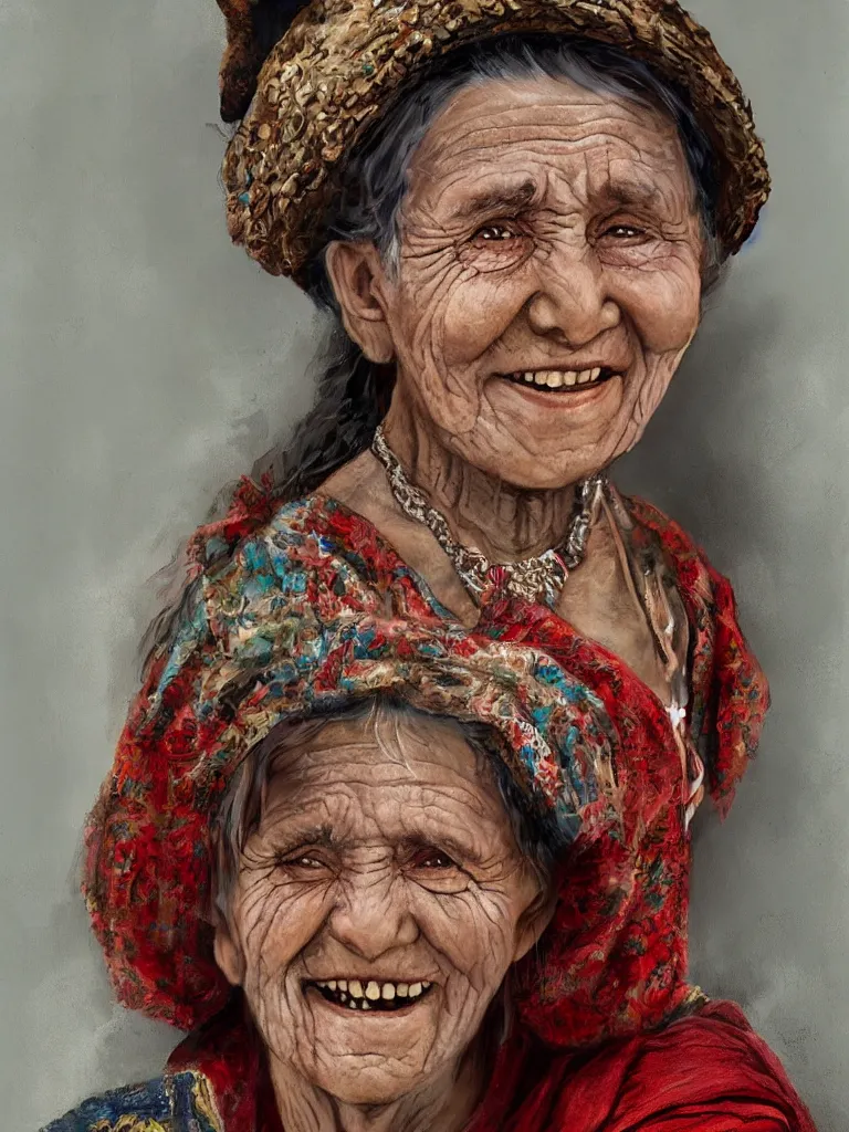 Image similar to picture of an old bulgarian woman, smiling, traditional clothes, cinematic, high quality, cgsociety, artgerm, 4K, UHD, trending on ArtStation