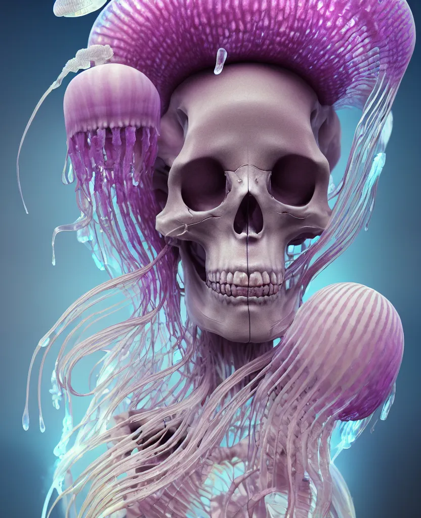 Image similar to goddess close - up portrait human skeleton, ram skull, jellyfish, orchid, betta fish, bioluminiscent, intricate artwork by tooth wu and wlop and beeple. octane render, trending on artstation, greg rutkowski very coherent symmetrical artwork. cinematic, hyper realism, high detail, octane render, 8 k