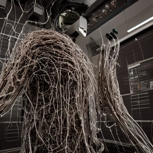 Prompt: an organic computer made out of live parts, cable, nerves, organs, by cronenberg, film still, photography, argentic, ominous
