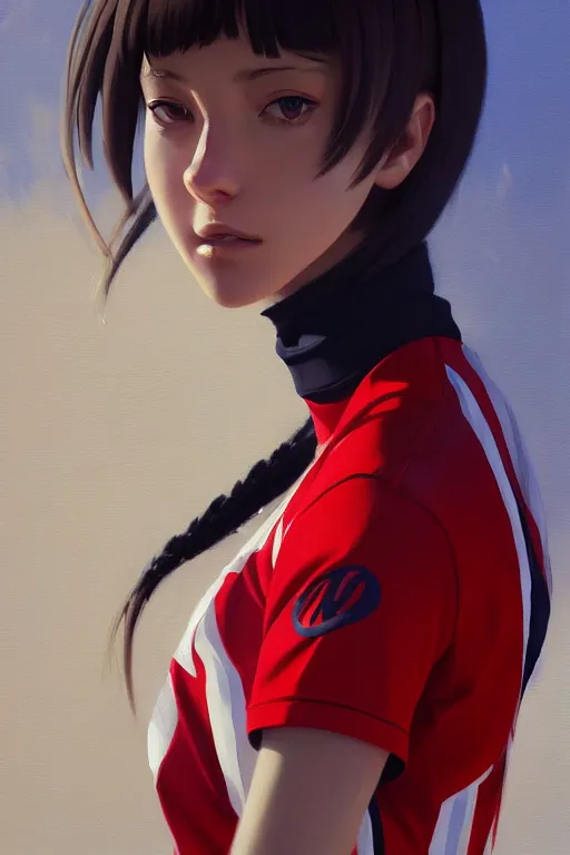 Image similar to a ultradetailed beautiful panting of a stylish woman wearing a volleyball jersey, oil painting, by ilya kuvshinov, greg rutkowski and makoto shinkai