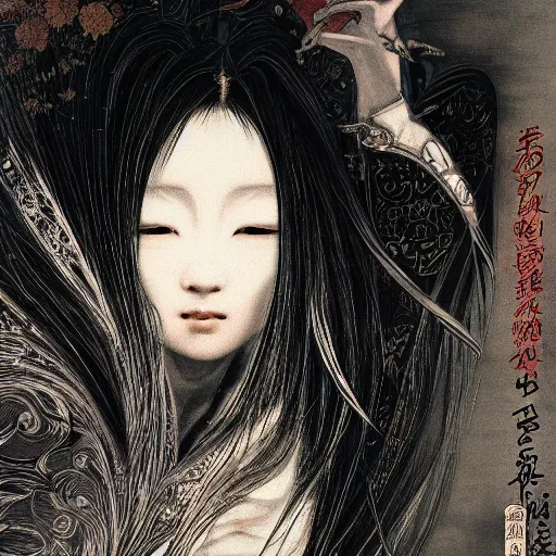 Image similar to yoshitaka amano blurred and dreamy illustration of a japanese woman with black eyes, wavy white hair fluttering in the wind wearing elden ring armor with engraving, abstract patterns in the background, noisy film grain effect, highly detailed, renaissance oil painting, weird portrait angle, blurred lost edges, three quarter view