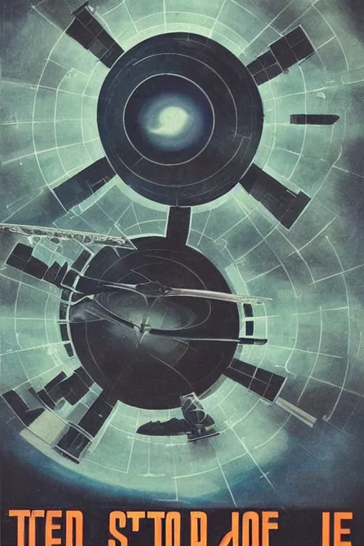 Image similar to poster of huge space station over earth, 1 9 5 0 s style, futuristic design, dark, symmetrical, washed out color, centered, art deco, 1 9 5 0's futuristic, glowing highlights, intense