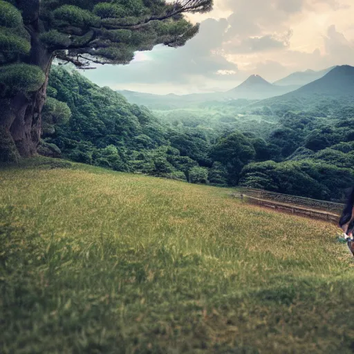 Image similar to a beautiful photograph of a girl with japan landscape in the background with trees, hdr, 8 k, high quality, sharp focus, artstation, highly detailed, award - winning, dramatic lighting, beautiful clouds, and nature