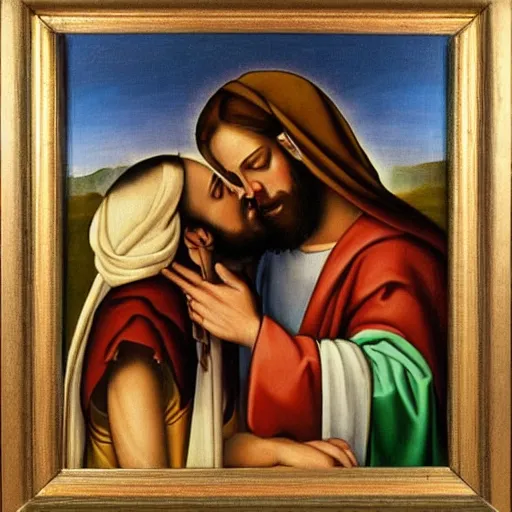 Image similar to 1 8 th oil panting of a jesus kissing a woman