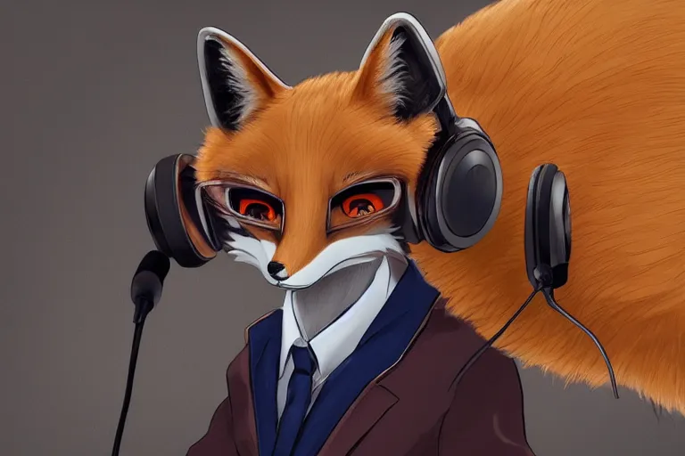 Image similar to an anthropomorphic fox wearing headphones and speaking into a high - end microphone in a recording studio., trending on artstation, anime, furry art, trending on furaffinity