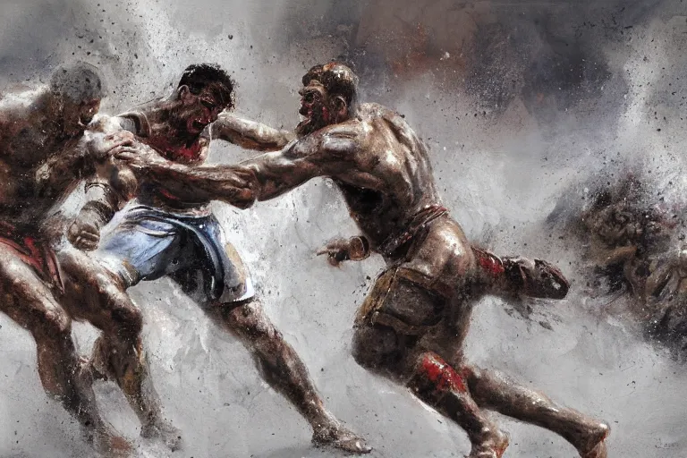 Image similar to a realistic painting of two gladiators fighting each other inside the colosseum, hot weather, brutal fight, extreme detail, action pose, Craig Mullins