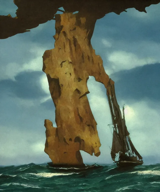 Image similar to photorealistic painting of a 1 9 2 5 seiner sailing near a tropical cliff with the mouth of a sea cave at the waterline, dark, brooding, atmospheric, lovecraft, horror, smooth, epic, highly detailed, cinematic, by angus mcbride