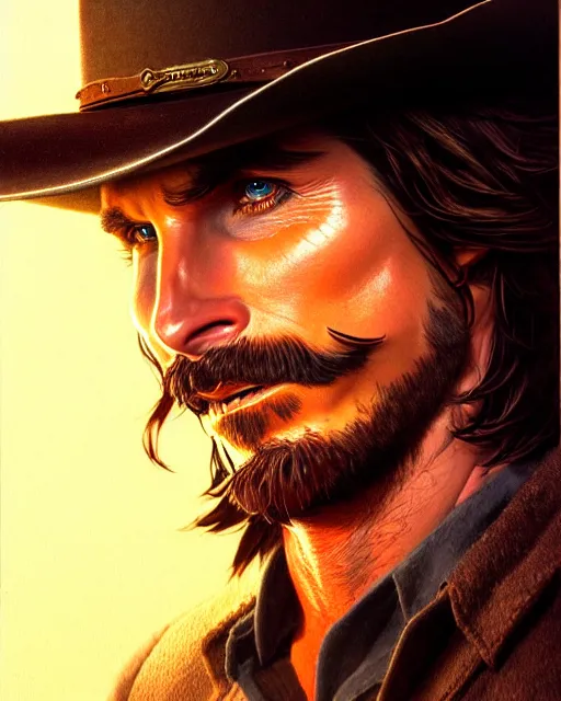 Image similar to christian bale as mccree from overwatch, character portrait, portrait, close up, highly detailed, intricate detail, amazing detail, sharp focus, vintage fantasy art, vintage sci - fi art, radiant light, caustics, by boris vallejo