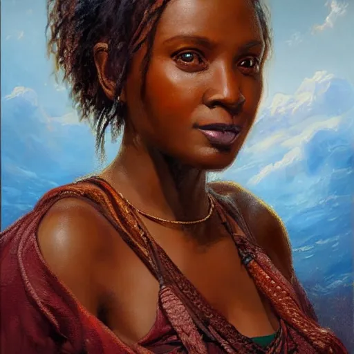 Image similar to portrait of an south african woman ( 3 5 ) from south africa in 2 0 2 1, an oil painting by ross tran and thomas kincade