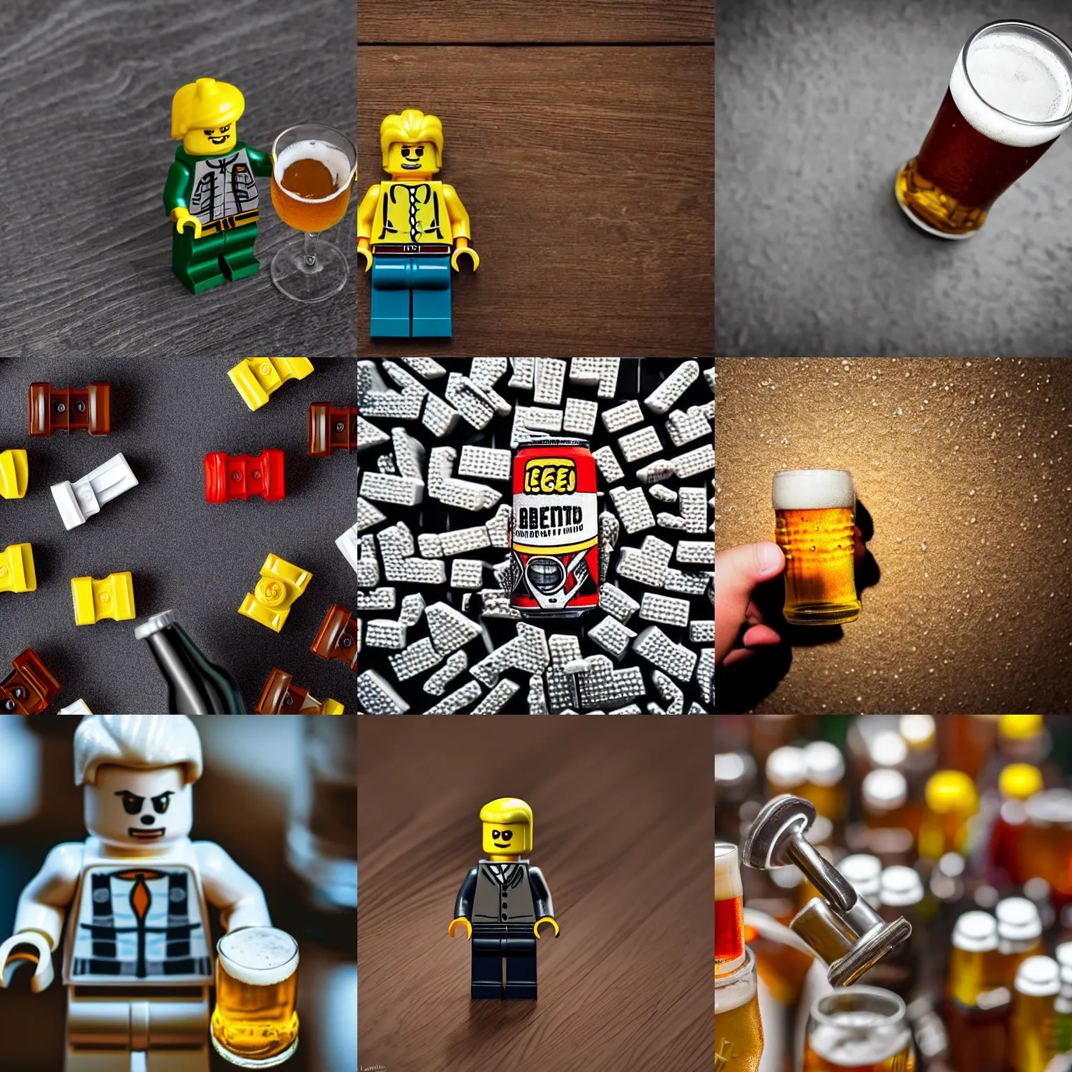 Prompt: photorealistic shot lego - man with a beer medium shot, overhead view high detailed, beautiful perfectly detailed, high quality realistic, cinematic beer, lego