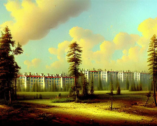 Image similar to beautiful matte painting of cute soviet block of flats hrushevka in end of forest by ivan shishkin,