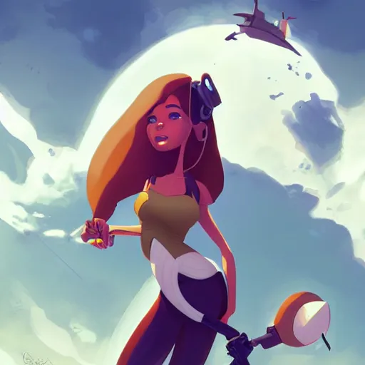 Image similar to a girl looking to the skies by greg tocchini, by james gilleard high quality, cartoon, digital painting, by don bluth and ross tran