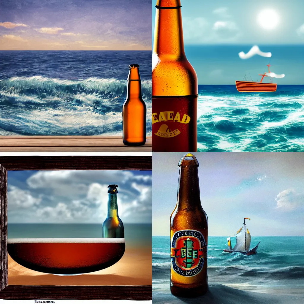 Prompt: Sea filled with beer, lone ship in the shape of beer bottle, seascape, beer sea horizon, concept art