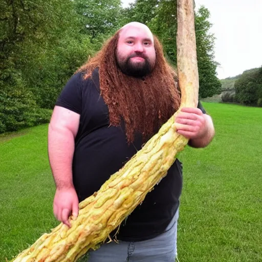 Image similar to a photo of a very hairy fat man with long hair holding a 2 0 m long yam