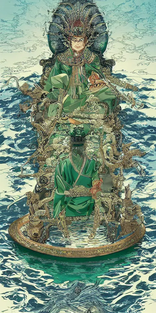 Image similar to a lone emperor sitting on a emerald throne floating on water in the middle of a lake drawn by Makoto Yukimura in the style of Vinland saga anime, full color, detailed, psychedelic, Authority, structure