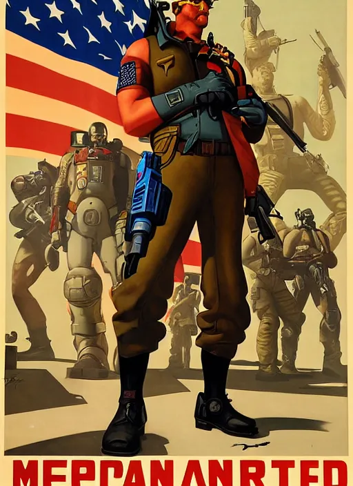 Prompt: american propaganda poster. cyberpunk mercenary. portrait by jean giraud and anton otto fischer and john philip falter and will eisner and gil elvgren. realistic proportions. tf 2, overwatch.